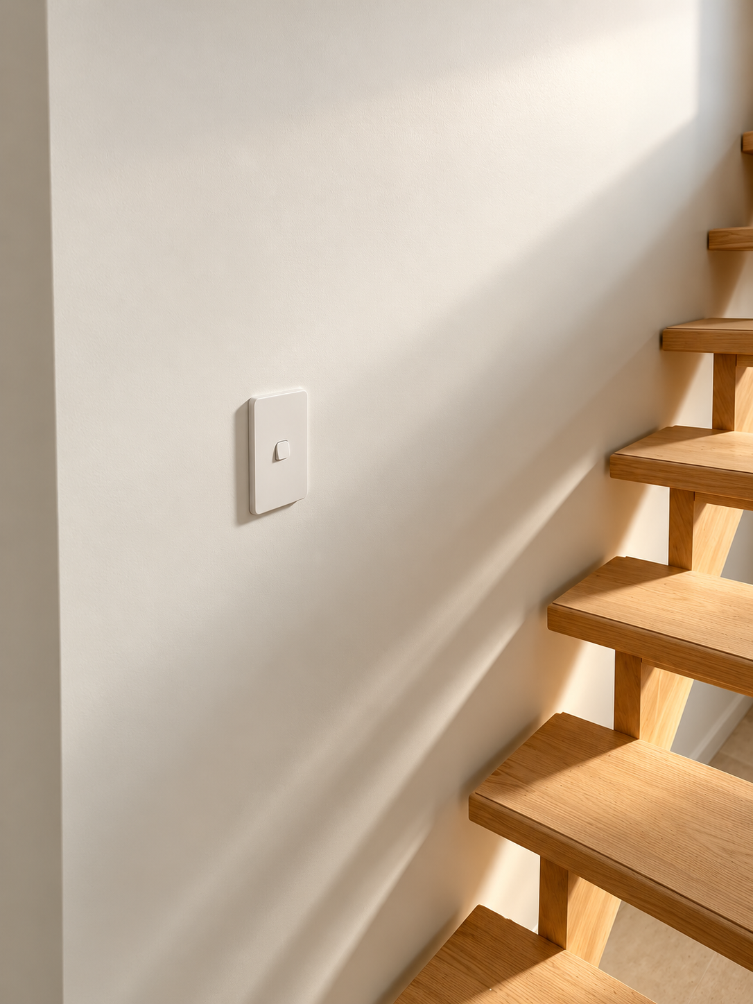 Wall switch beside the home's timber staircase.